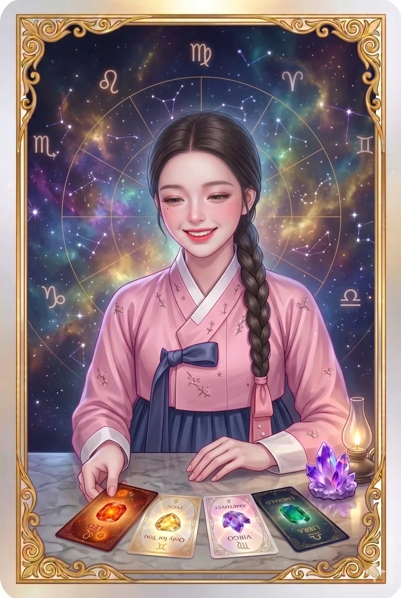 젊은 조선 마녀가 보석 카드로 현재 흐름을 읽는 웹툰 장면